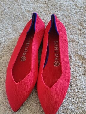 Rothy's Bright Red Pointed Knit Flats with Blue Trim, Like New